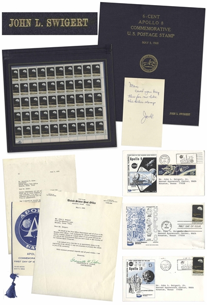 Apollo 8 Commemorative Stamp Set Issued to Jack Swigert -- In Swigert's Custom Folder & With Other Memorabilia Owned by Swigert Including His Signed Note to His Mom